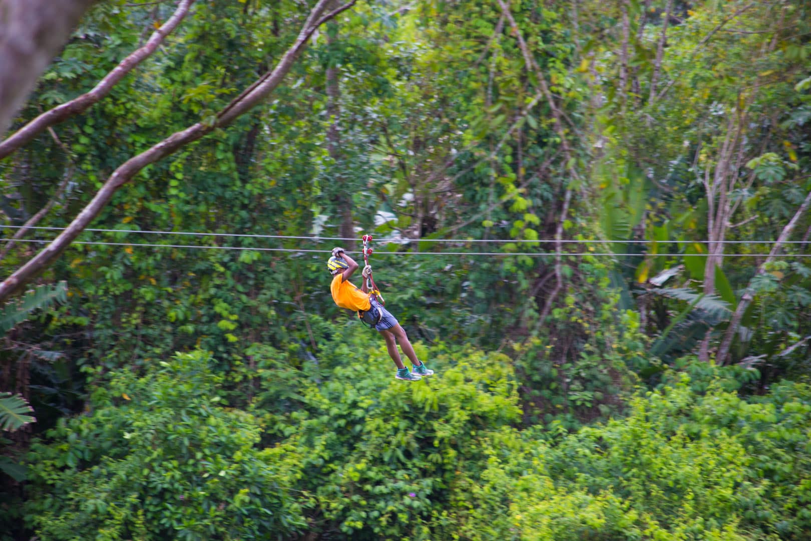 A guest gliding through the jungle canopy during the Angel Falls Extreme Zipline at The Rainforest Lodge at Sleeping Giant Resort