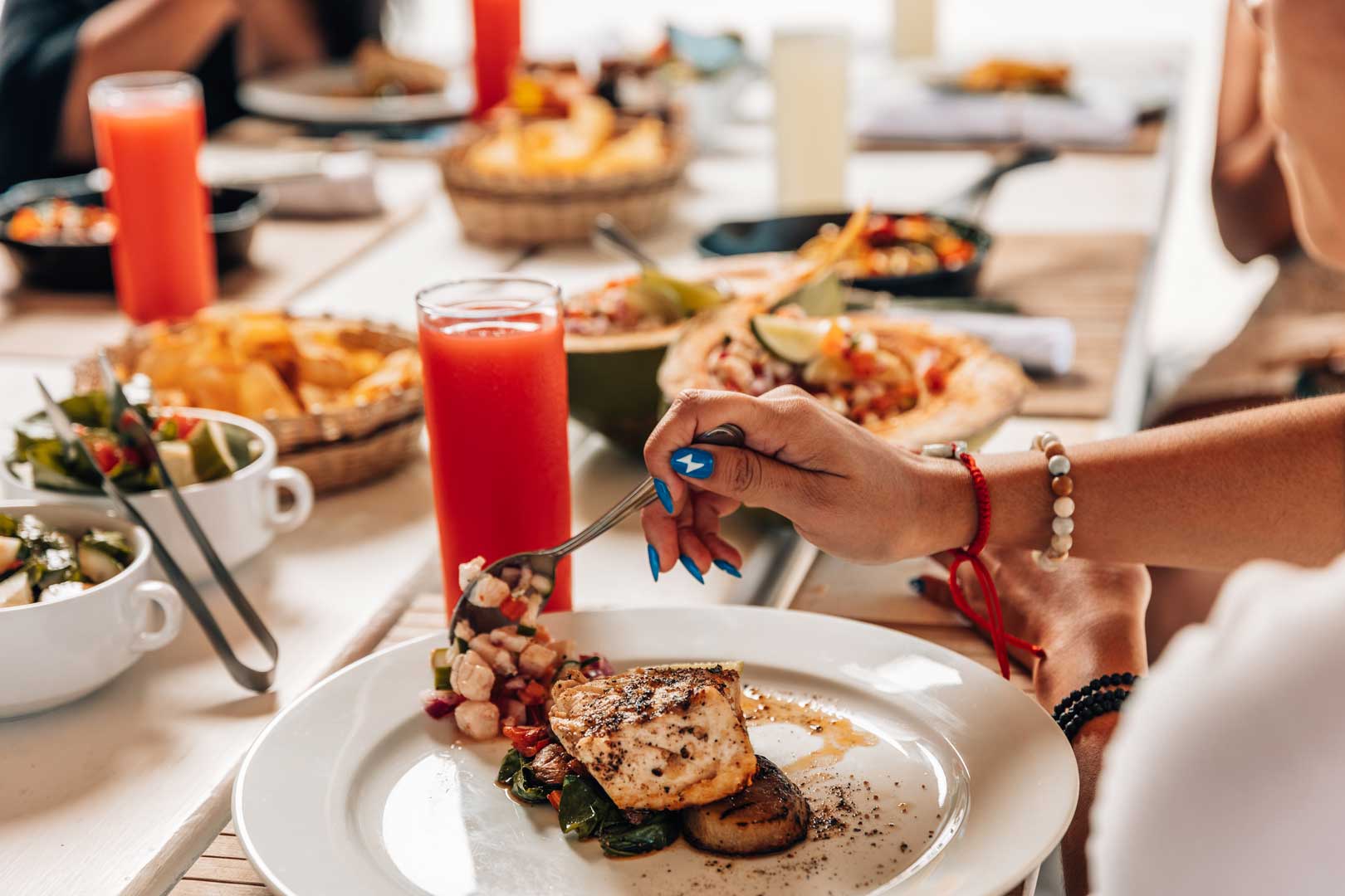 A meal that was prepared by the private chef at Rhythm Reef Caye by The Belize Collection